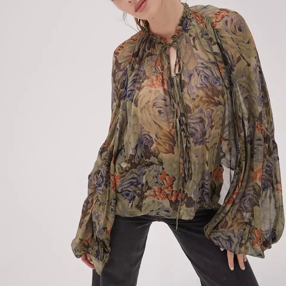 UO Zoe Sheer Tie-Front Blouse - Picture 1 of 4